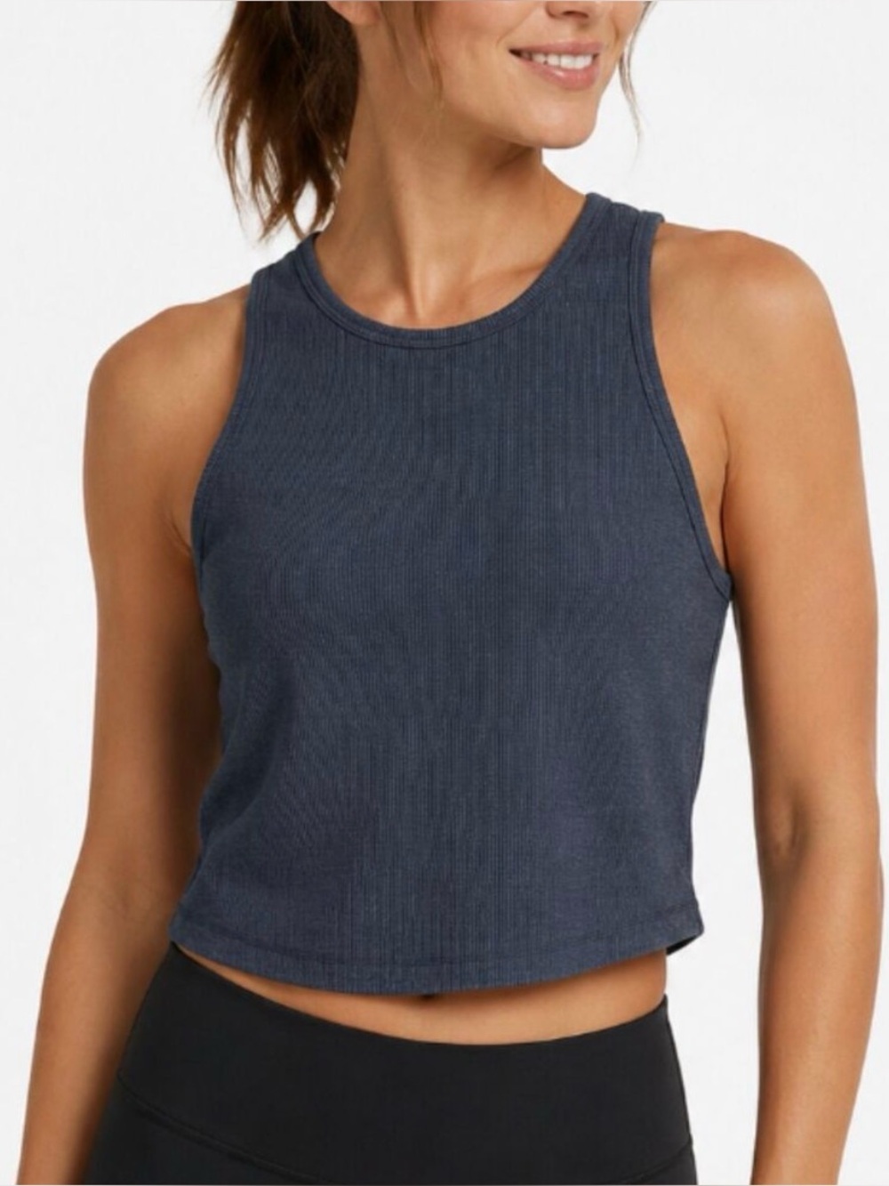 VUORI Charcoal Grey Pose Plyo Ribbed Tank Top Built-in Bra High Neck